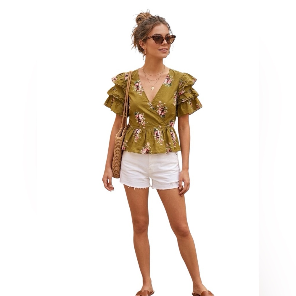 Madewell Olive Floral Ruffle Wrap Top